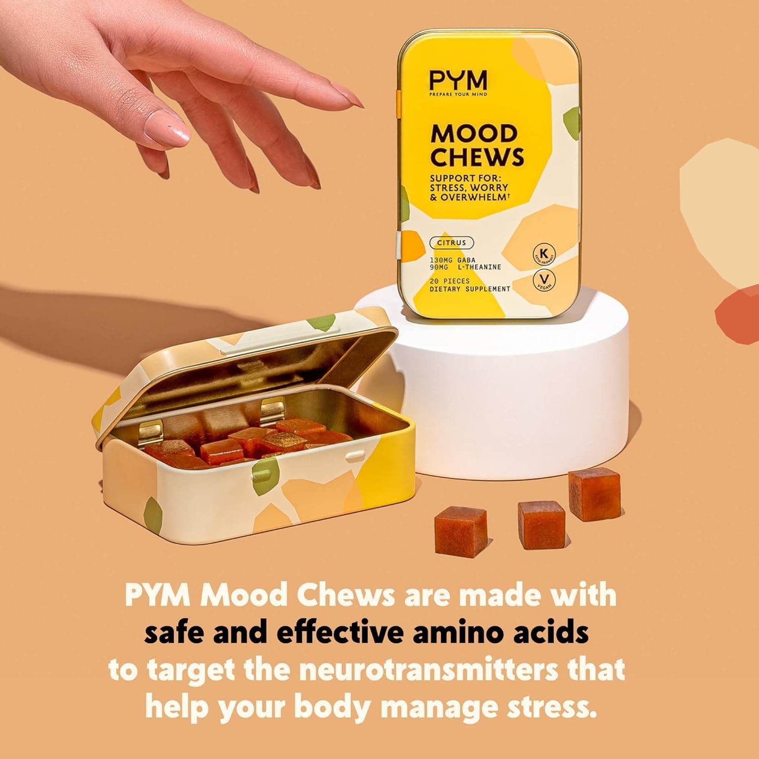 PYM Citrus Mood Chews closeup packaging highlights sugar-free delight and flavor.