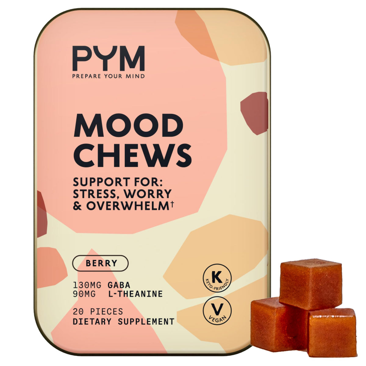 PYM Health Berry Mood Chews bottle on countertop for daily calm support.