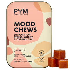 PYM Health Berry Mood Chews bottle on countertop for daily calm support.