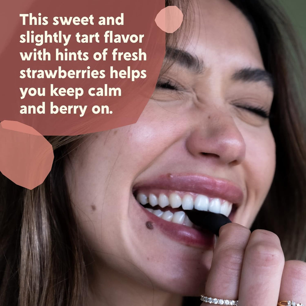 Two chews of PYM Berry Mood Chews for on-the-go stress management.