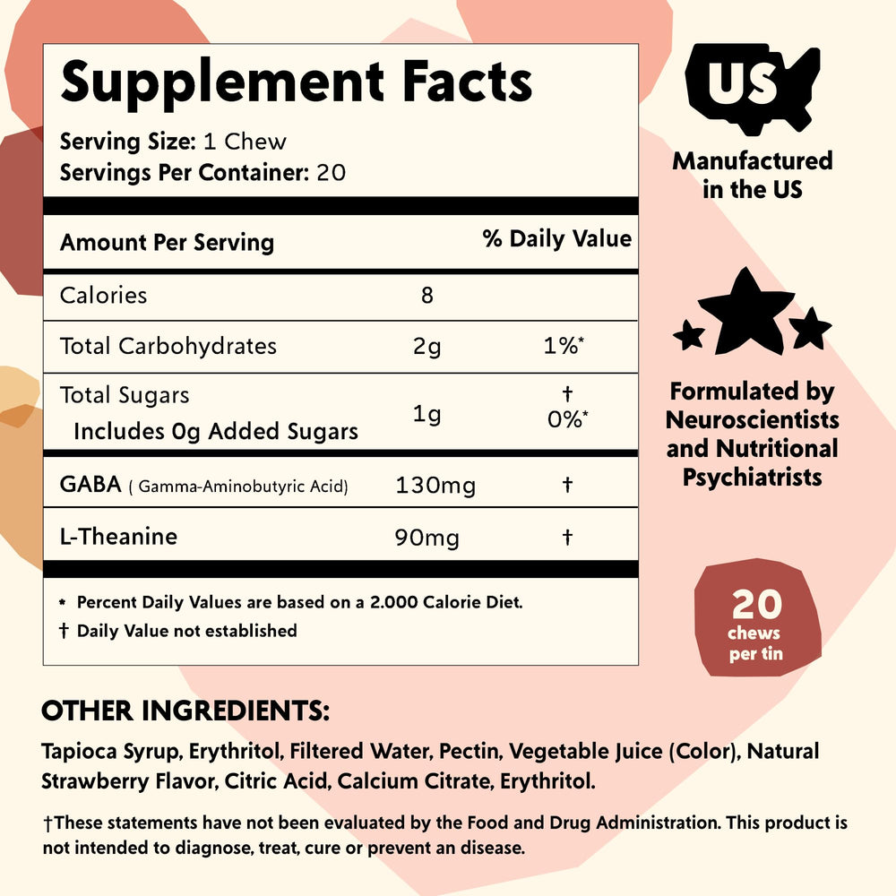 Close-up of PYM Berry Mood Chews gummies highlighting L-Theanine and GABA for relaxation.
