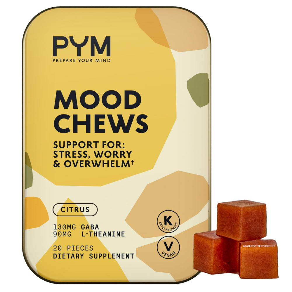 PYM Health Citrus Mood Chews bottle showing natural citrus mood support for daily calm