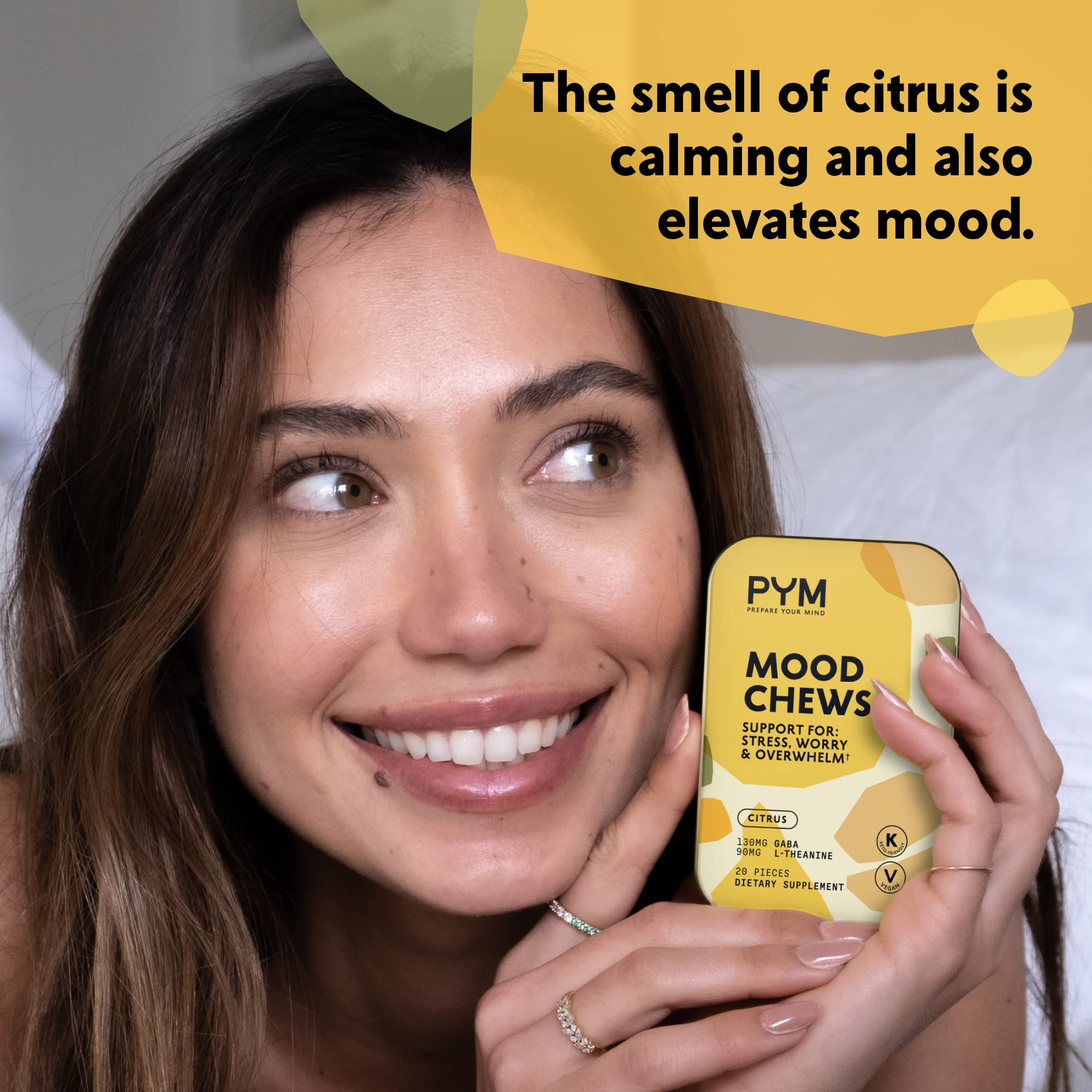 PYM Citrus Mood Chews gluten-free and non-GMO badge on packaging.