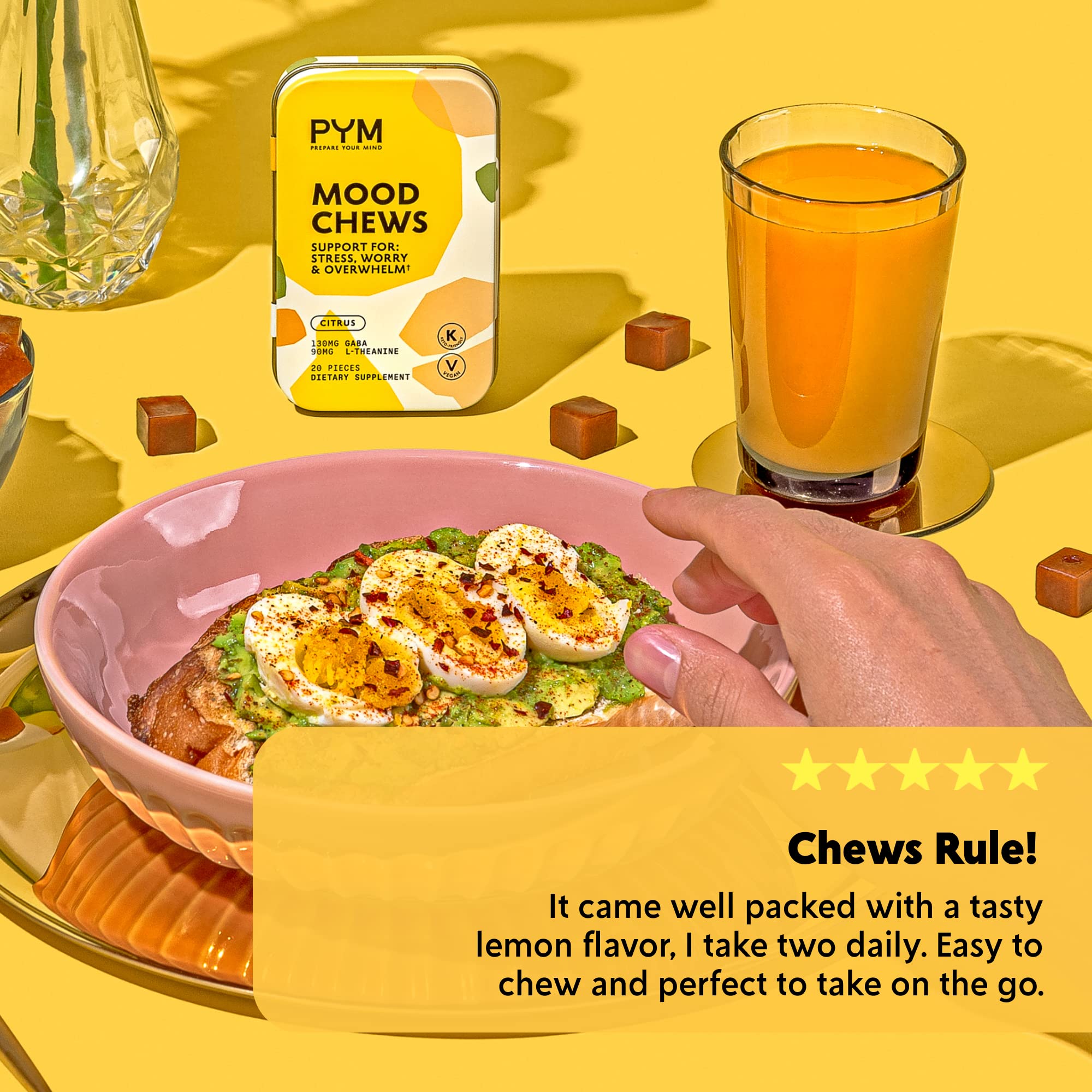 PYM Citrus Mood Chews on breakfast tray for focused mornings.