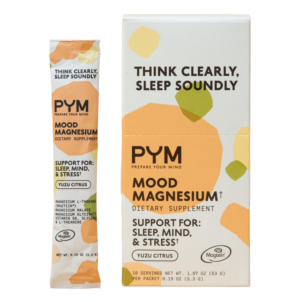 PYM Mood Magnesium packets shown for convenient on-the-go stress support.