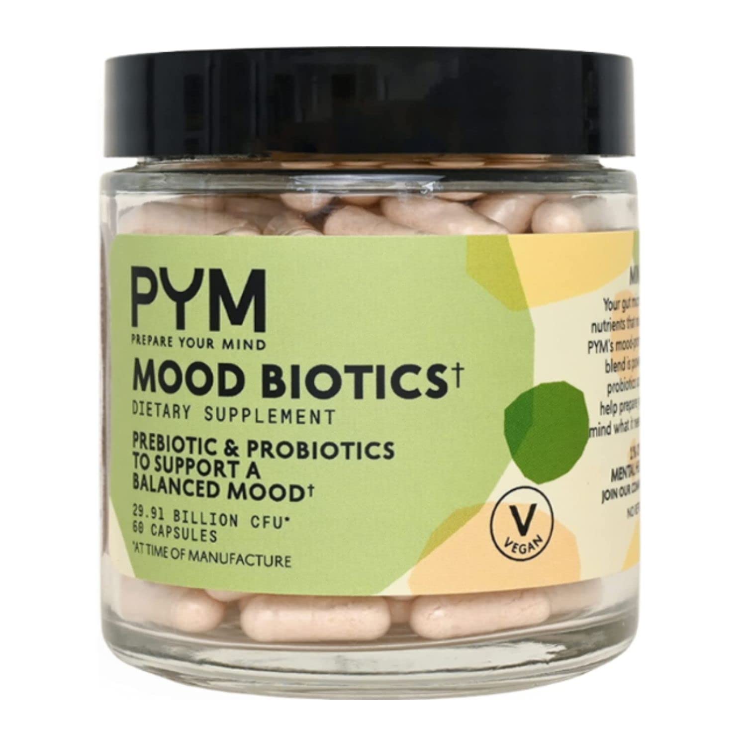 PYM Mood Biotics bottle close-up highlighting gut-brain support.