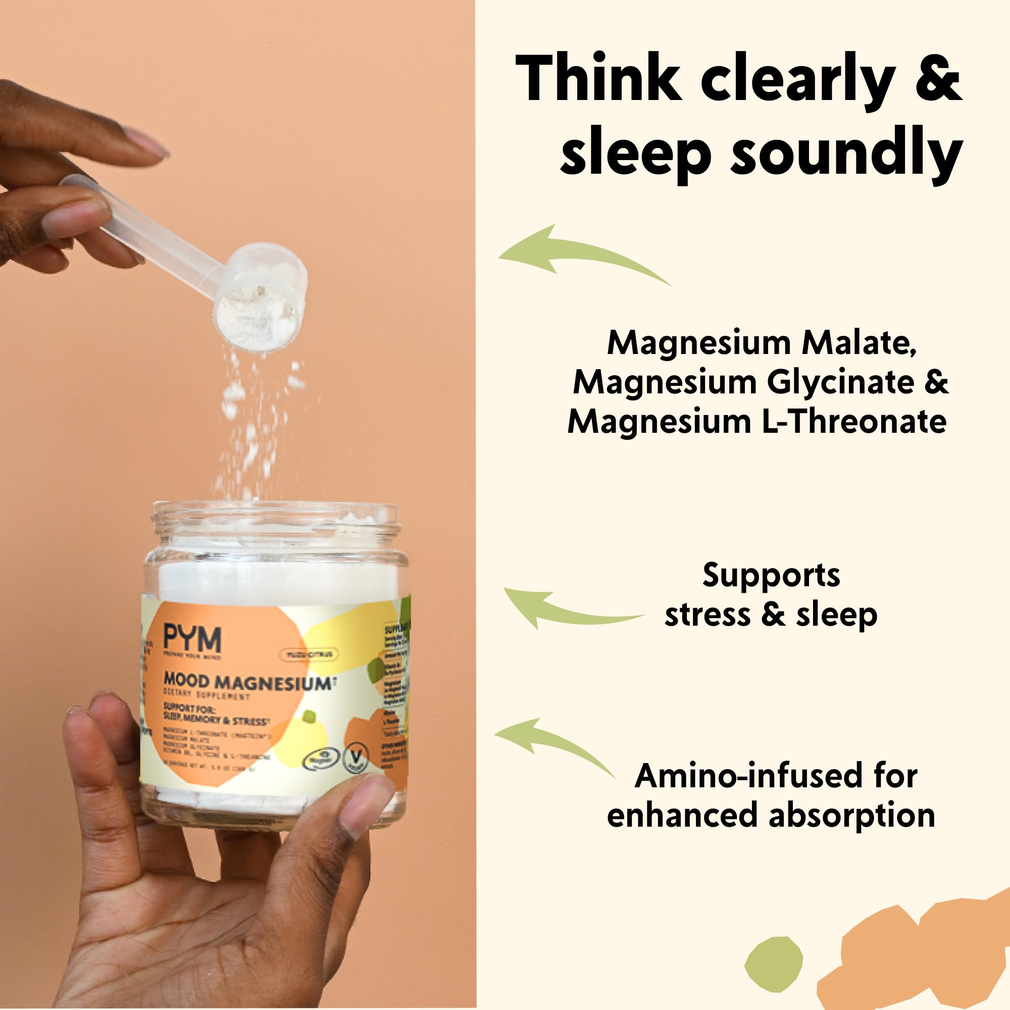 Pouring PYM Mood Magnesium Powder into a glass for a relaxing routine