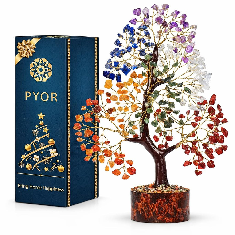 PYOR 7 chakra crystal tree on wooden base promotes calm and focus