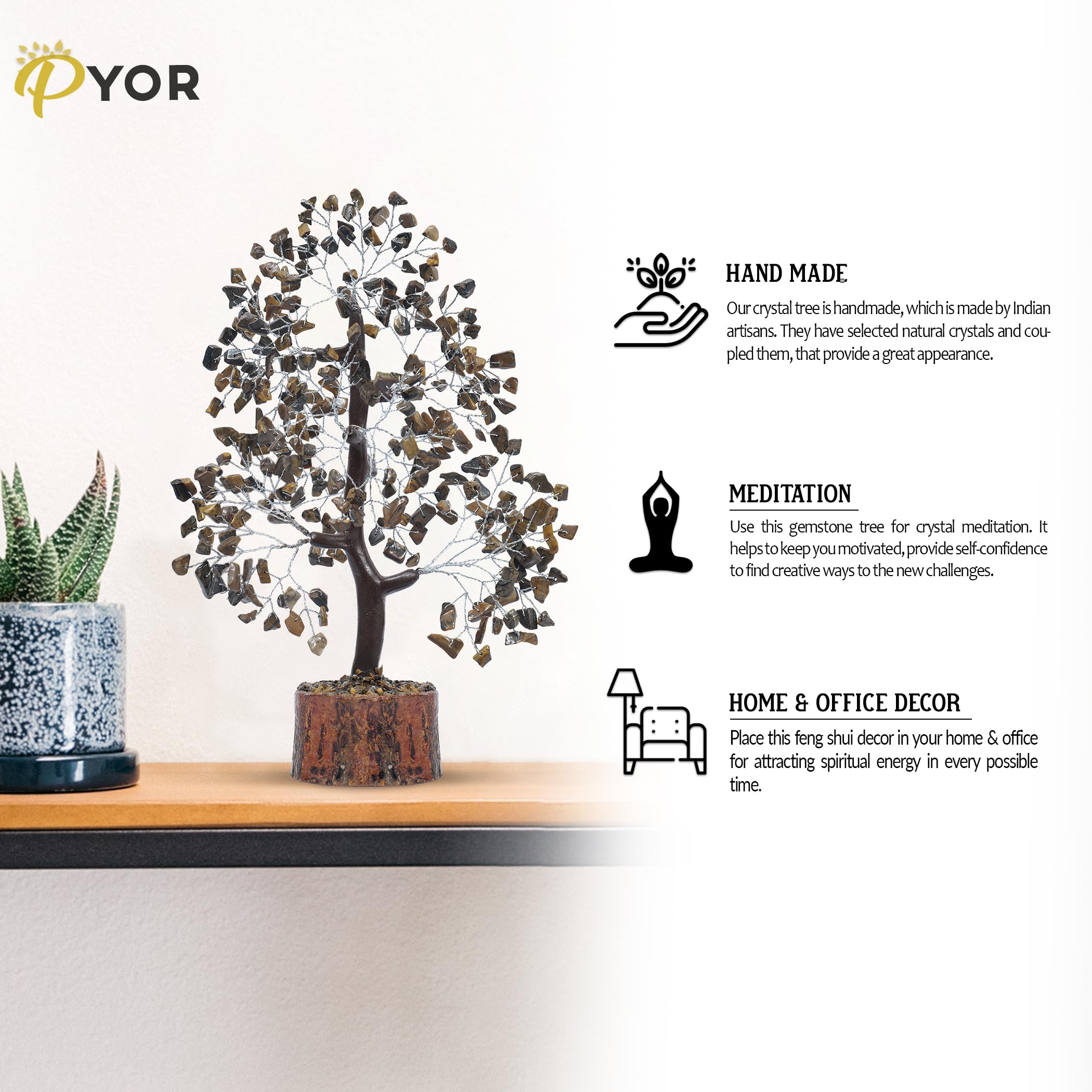 Wooden base anchors the crystal tree with artisanal craftsmanship.
