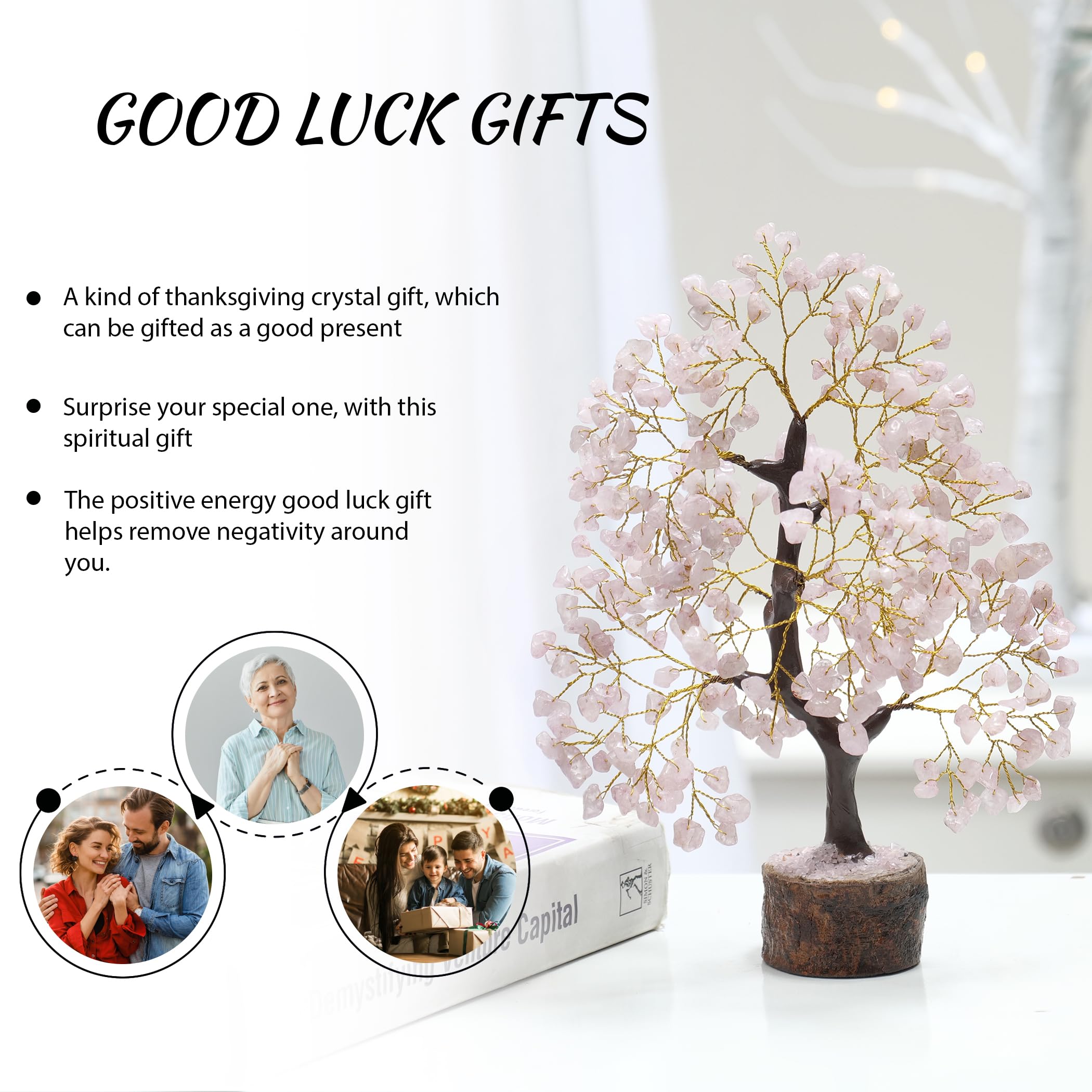 PYOR Rose Quartz Money Tree with golden wire gleam elevates desk decor