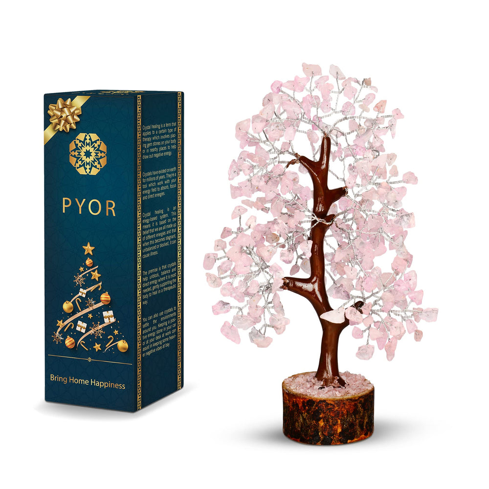 PYOR Rose Quartz Tree on a wood base for calming desk décor