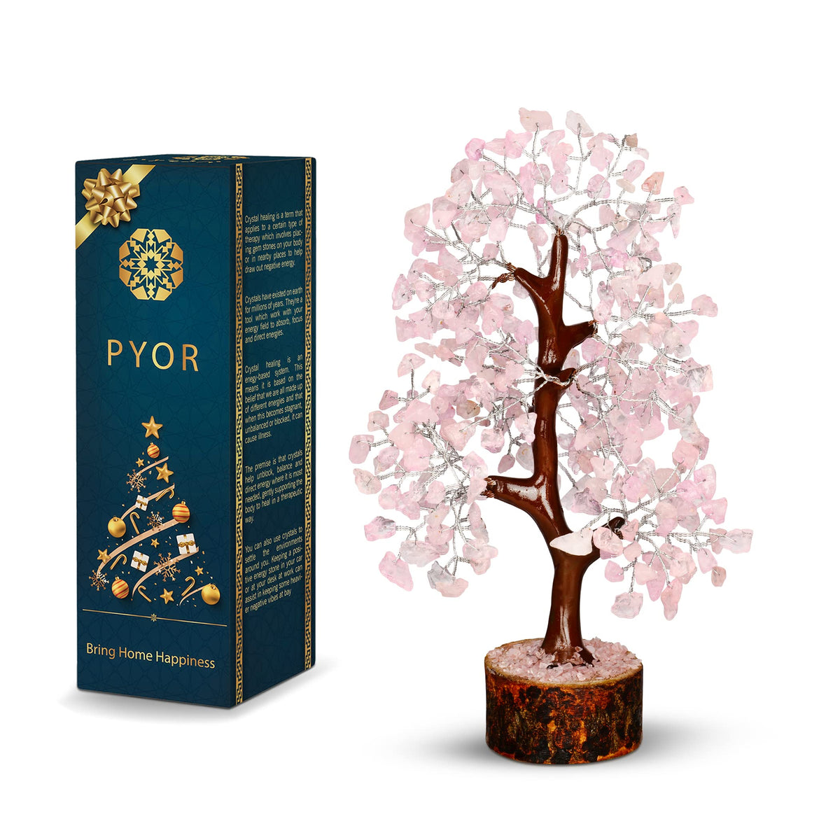 PYOR Rose Quartz Tree on a wood base for calming desk décor