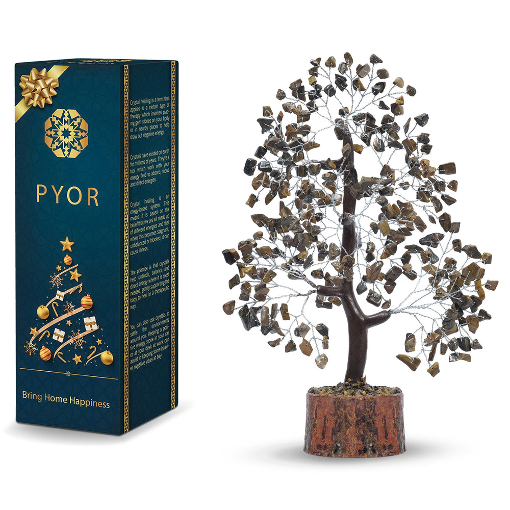 PYOR Tigers Eye Crystal Tree on wooden base for focused energy in your space.