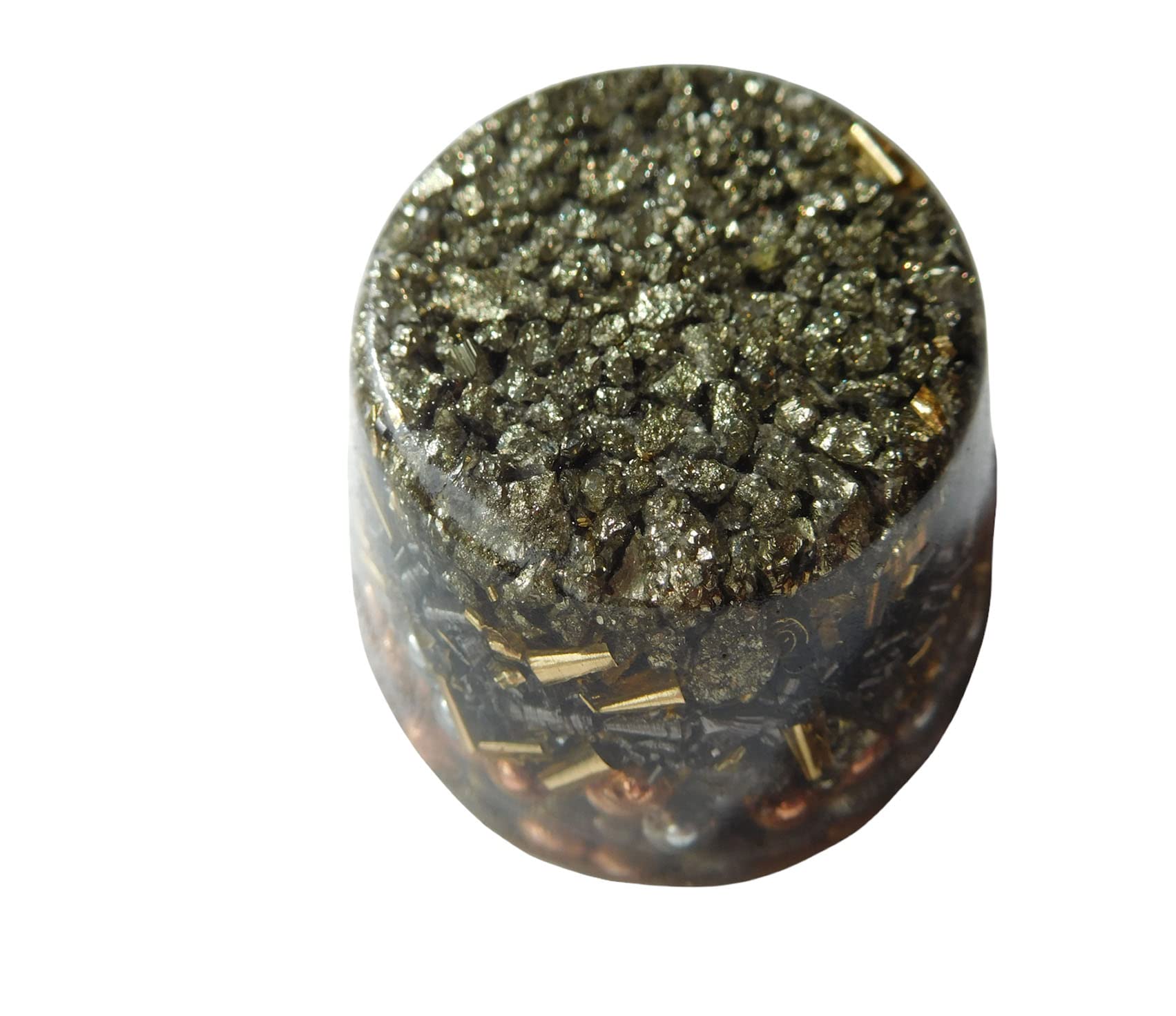 Pyrite garden energy accessory tower near plants for vibrant outdoor spaces.