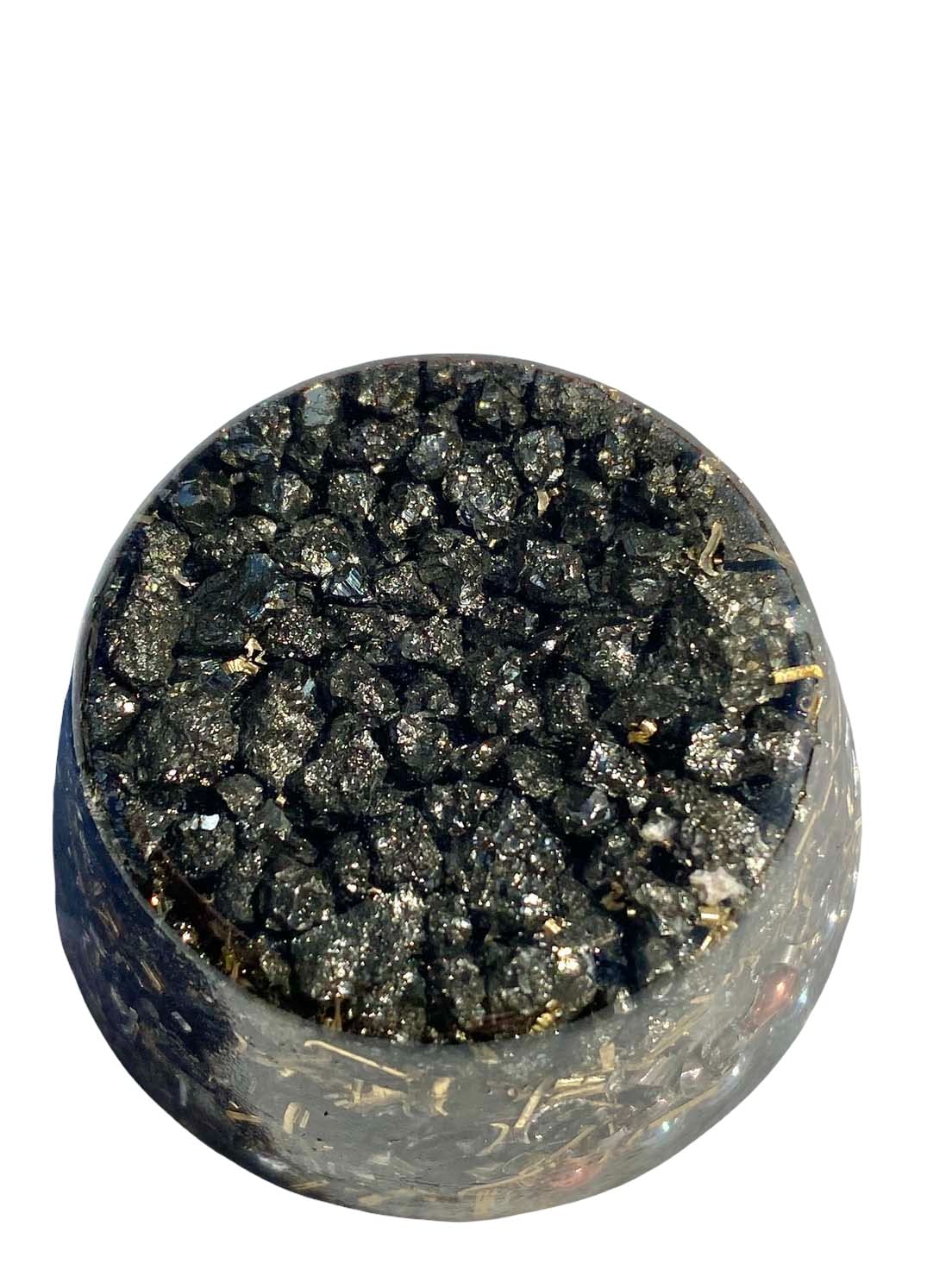 Pyrite single crystal tower buster top view enhances ambient energy and decor.