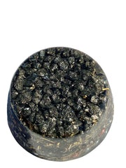 Pyrite single crystal tower buster top view enhances ambient energy and decor.