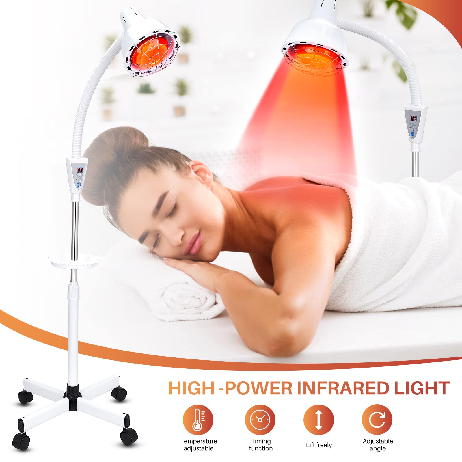 QAIHOE infrared therapy lamp rotating head enables full-body warmth targeting.