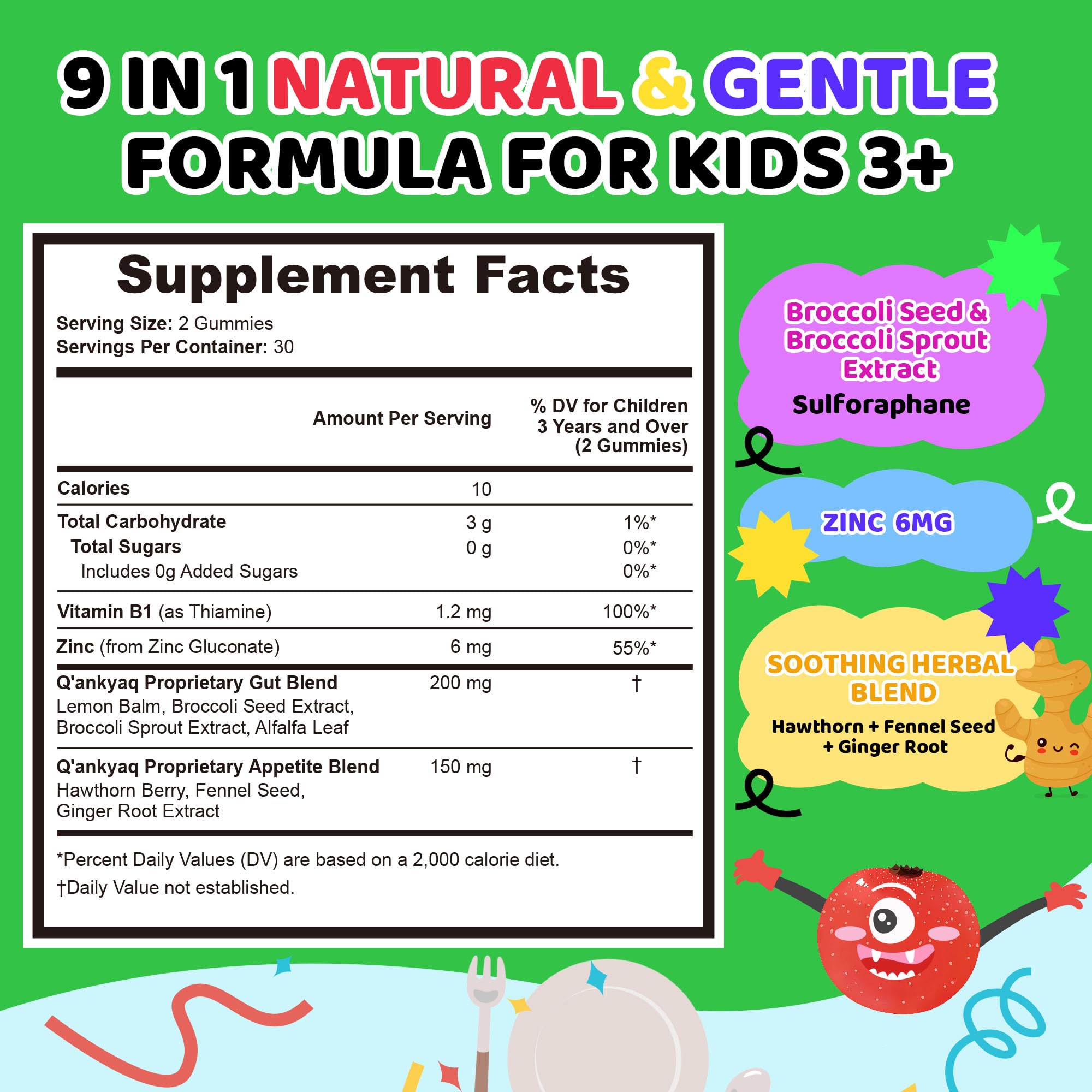 Closeup of Q'ankyaq label highlighting vegan and sugar-free formula