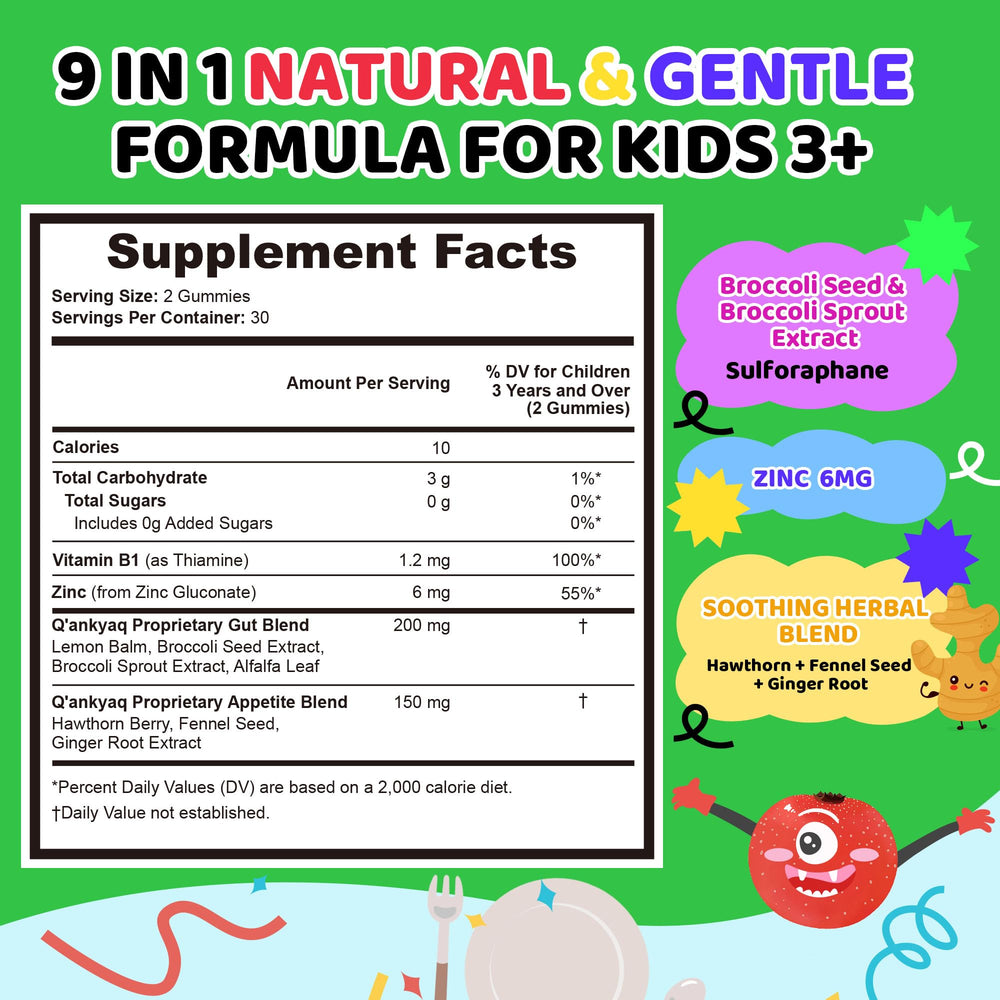Closeup of Q'ankyaq label highlighting vegan and sugar-free formula