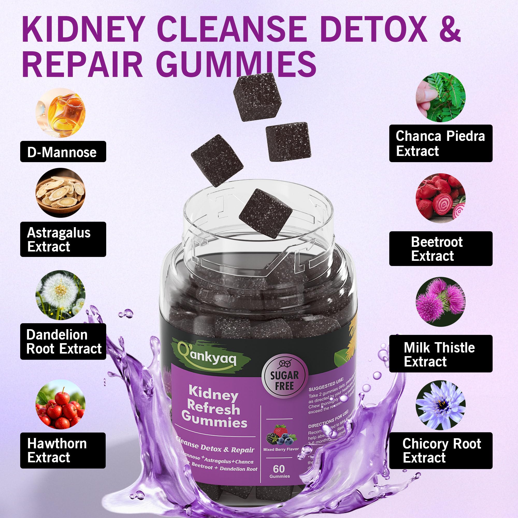Q'ankyaq D Mannose Gummies bottle close-up showing vegan sugar-free claim