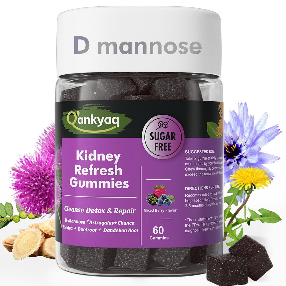 Q'ankyaq D Mannose Gummies packaging highlighting vegan sugar-free formula