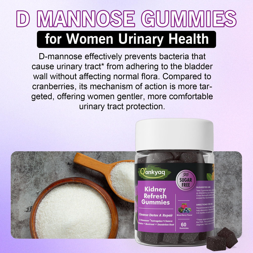 Q'ankyaq D Mannose Gummies on counter with glass of water for daily intake