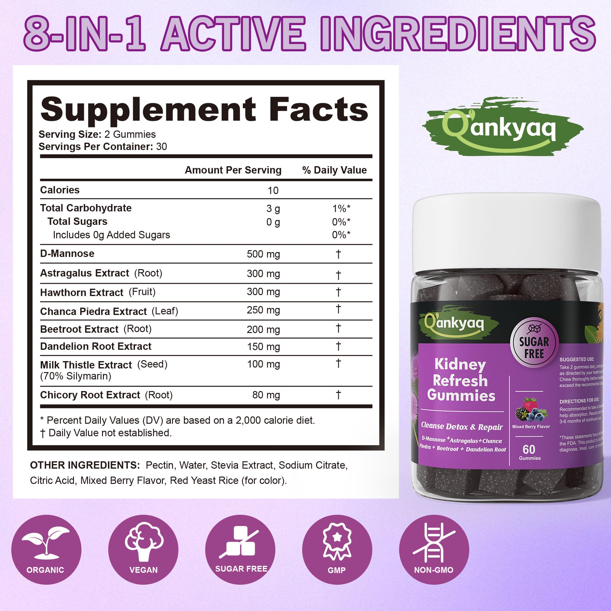 Q'ankyaq D Mannose Gummies vegan sugar-free badge on label
