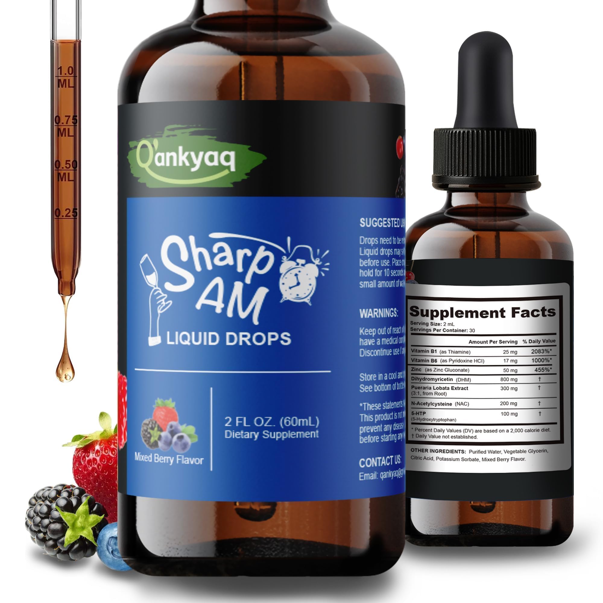 Q'ankyaq DHM drops bottle with label for quick pre-event dosing.