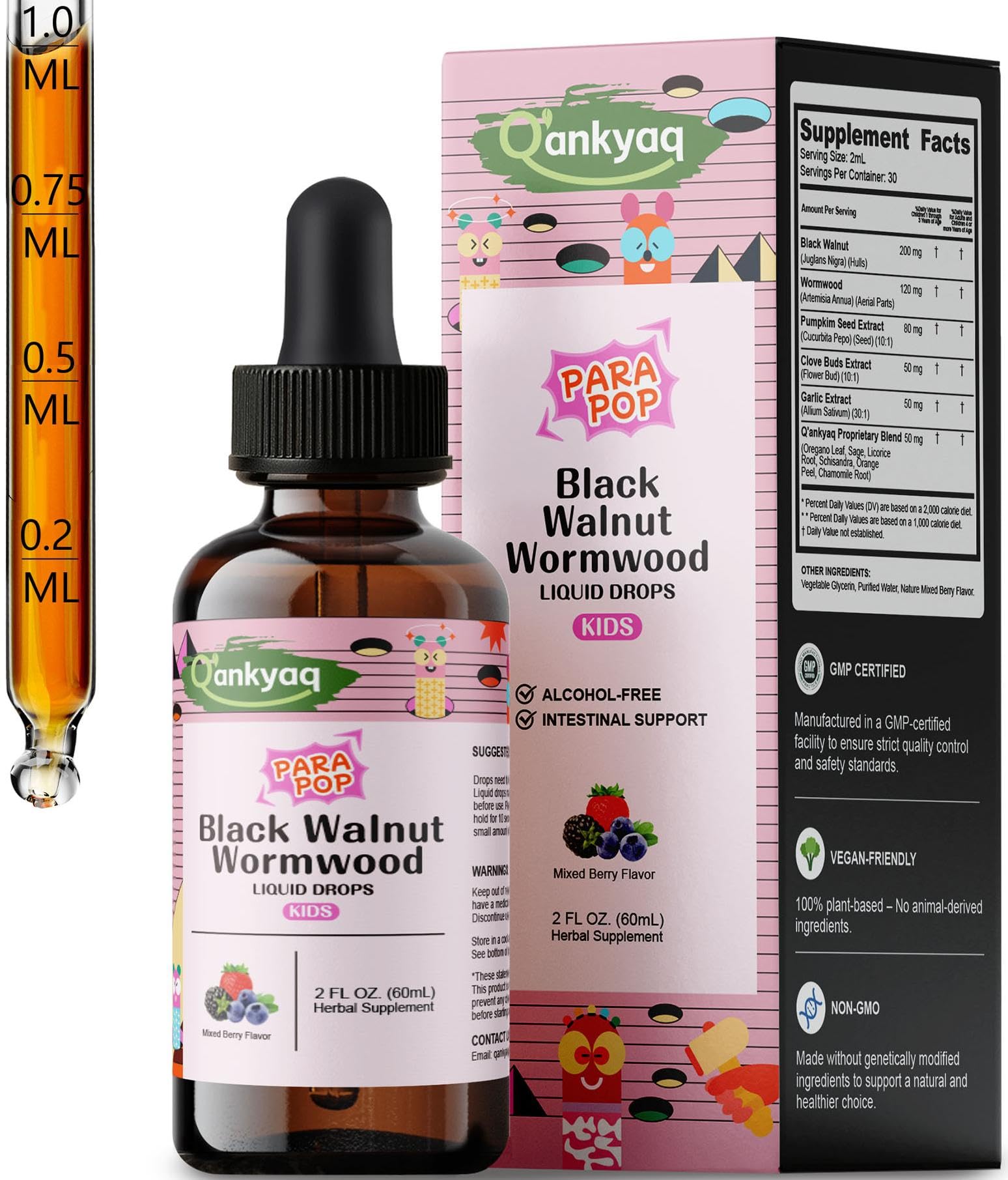 Q'ankyaq Kid Drops bottle shows a gentle kid-friendly detox formula.