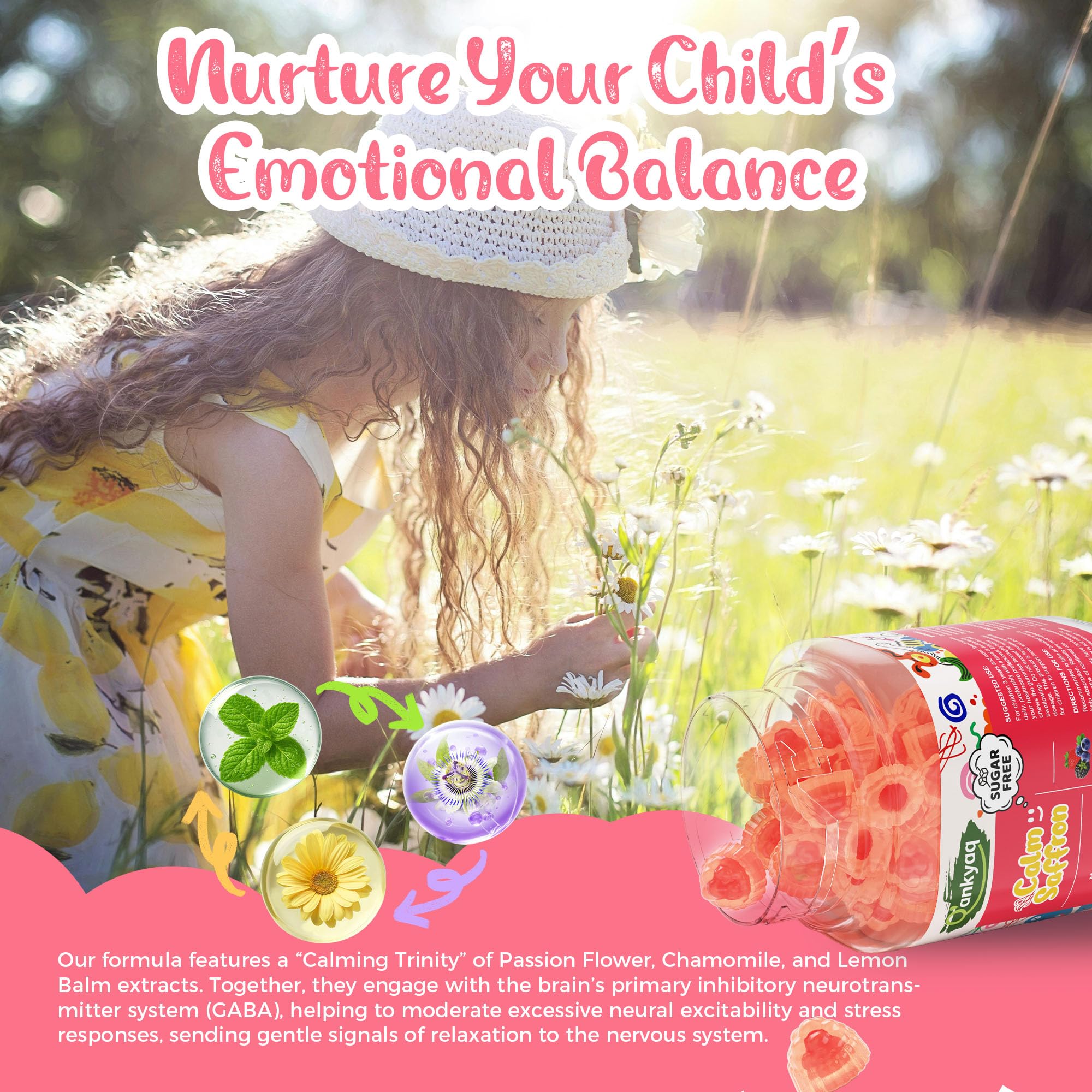 Q'ankyaq gummies label shows B6, B12, and zinc for brain function.