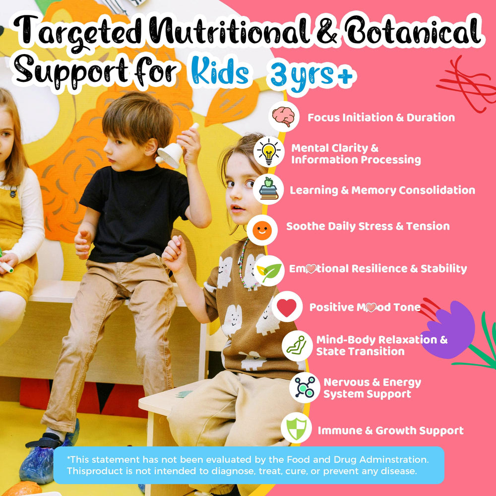 Q'ankyaq saffron gummies chamomile extract visible, supporting calm mood in children.