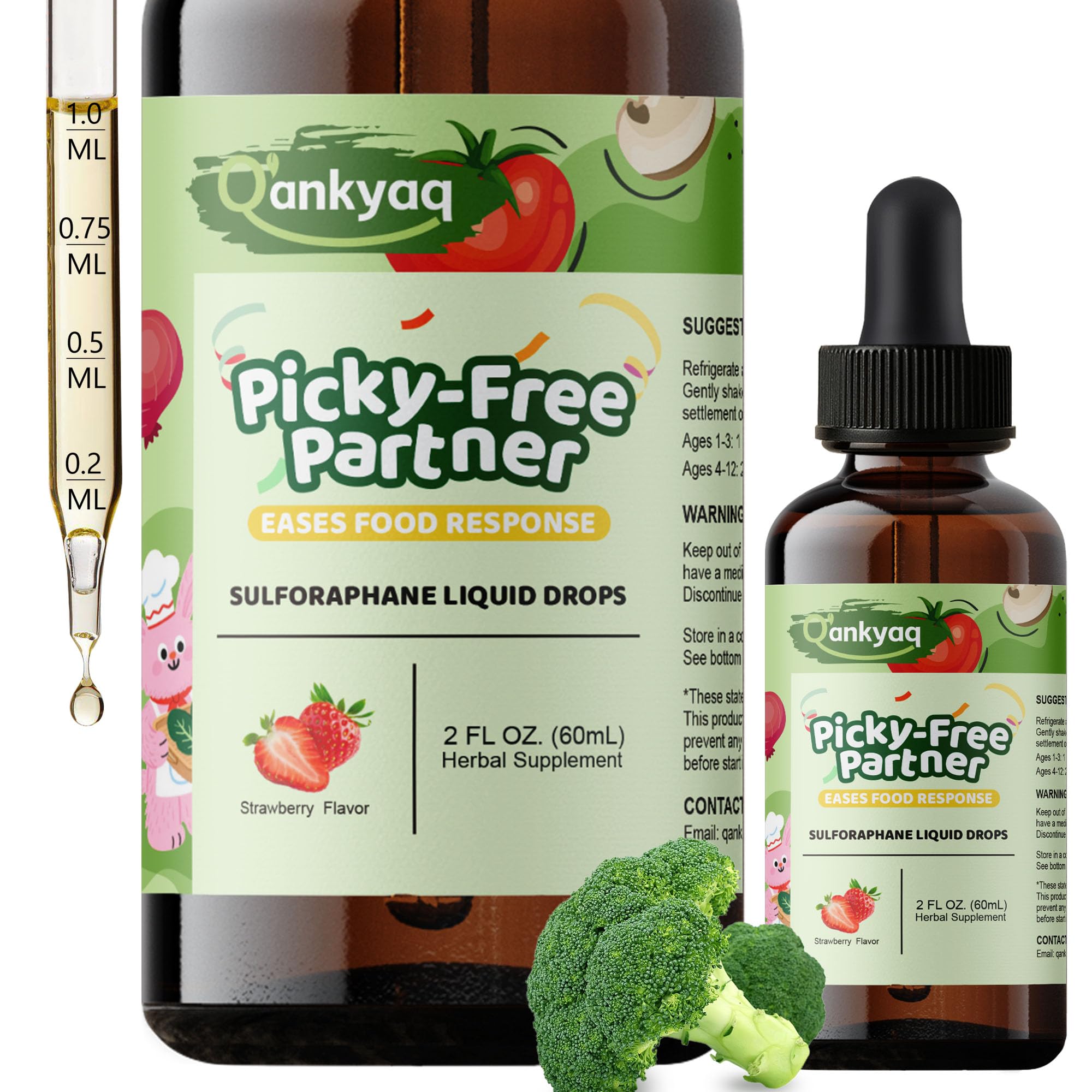 Q'ankyaq kids sulforaphane liquid bottle supports veggie intake with strawberry flavor.