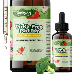 Q'ankyaq kids sulforaphane liquid bottle supports veggie intake with strawberry flavor.