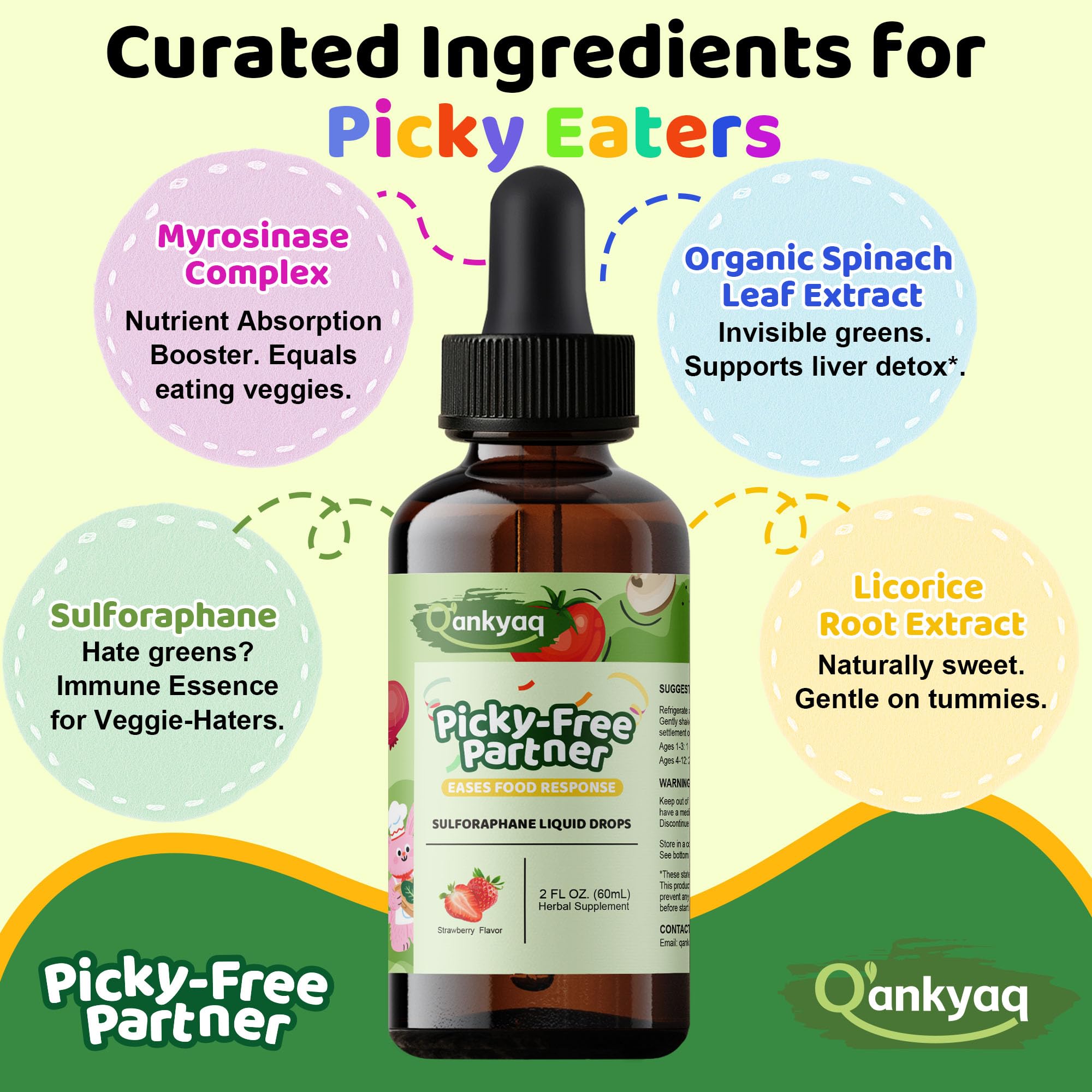 Q'ankyaq strawberry-flavored sulforaphane for kid-friendly nutrition.