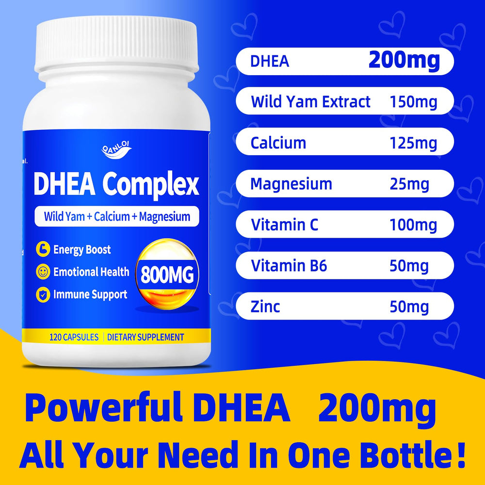 QANLOI DHEA bottle with label showing a 120-serving supply for long-term use.