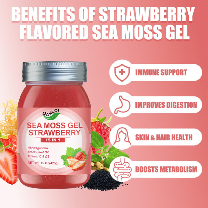 QANLOI sea moss gel strawberry jar closeup highlights natural ingredients and color