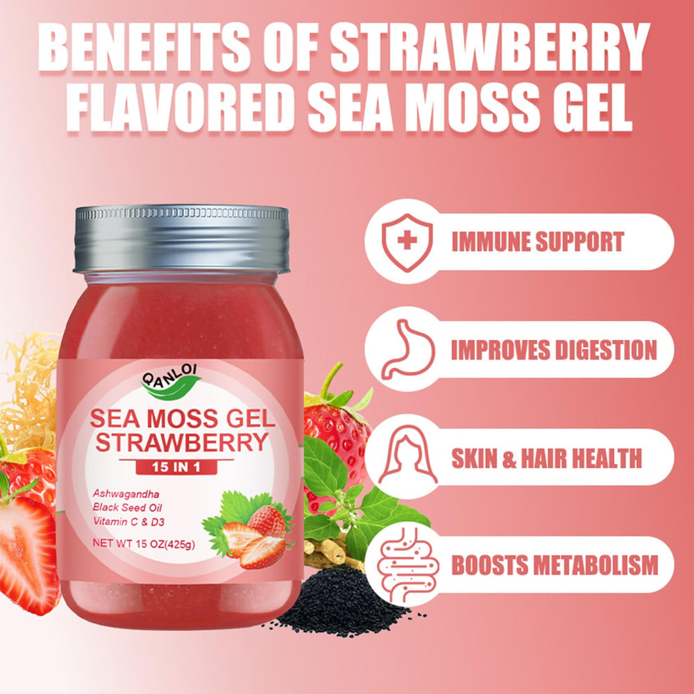 QANLOI sea moss gel strawberry jar closeup highlights natural ingredients and color