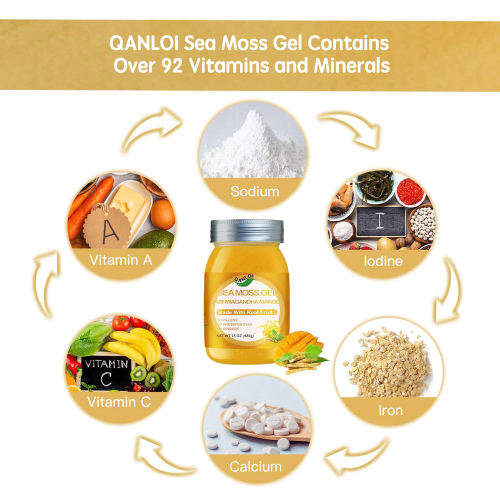 QANLOI Seamoss Gel with ashwagandha and mango in bottle, versatile daily booster