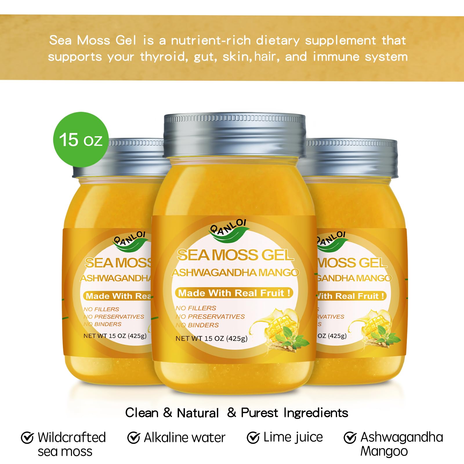 QANLOI Seamoss Gel ingredients jar highlighting natural minerals for wellness