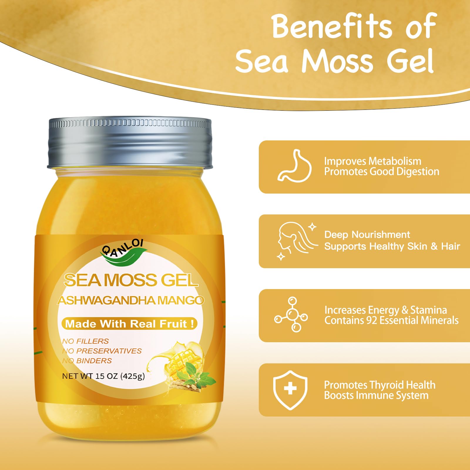 QANLOI Seamoss Gel texture on spoon, ideal for easy mixing in recipes