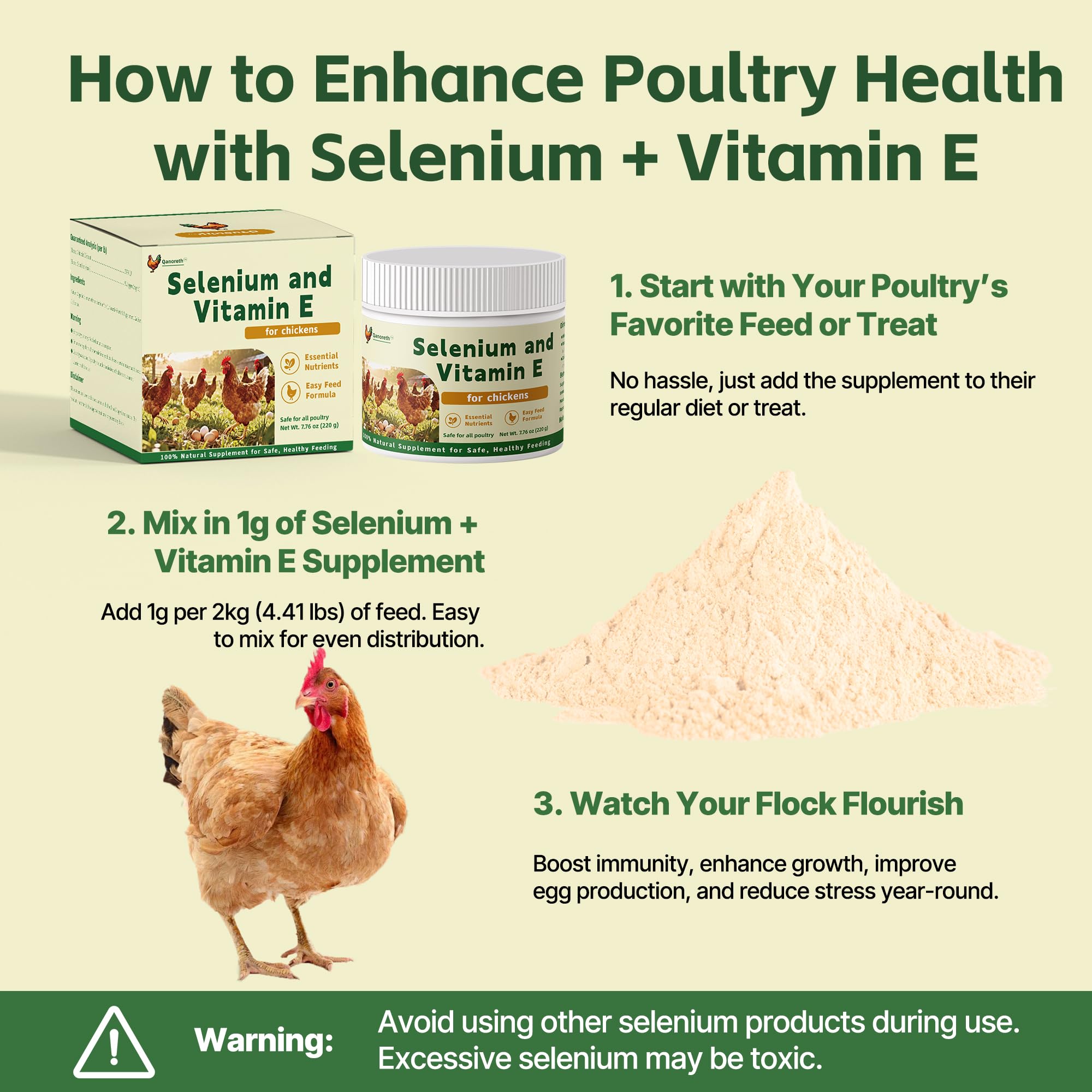 Backyard flock receiving daily powder mix for steady growth and overall wellness.
