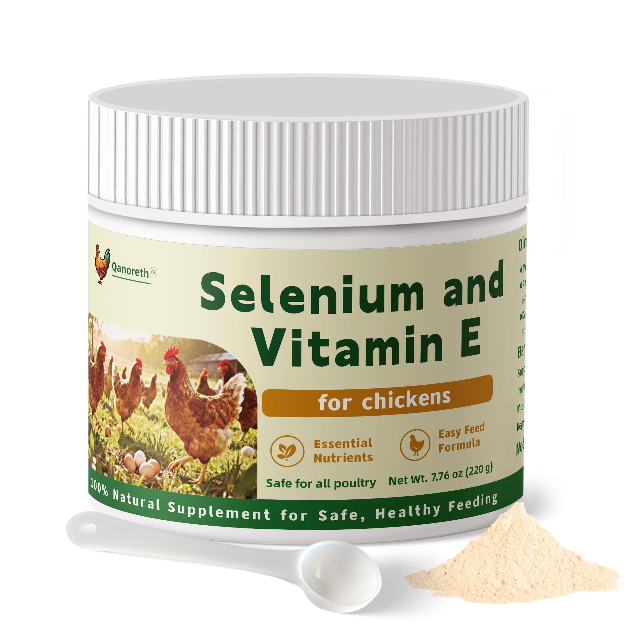 Qanoreth Selenium and Vitamin E powder bottle on feeding tray promoting immune balance.