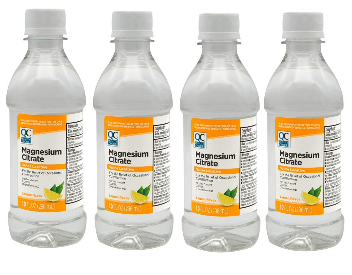 QC Quality Choice lemon bottle pour demonstrates ready-to-use relief for occasional constipation.