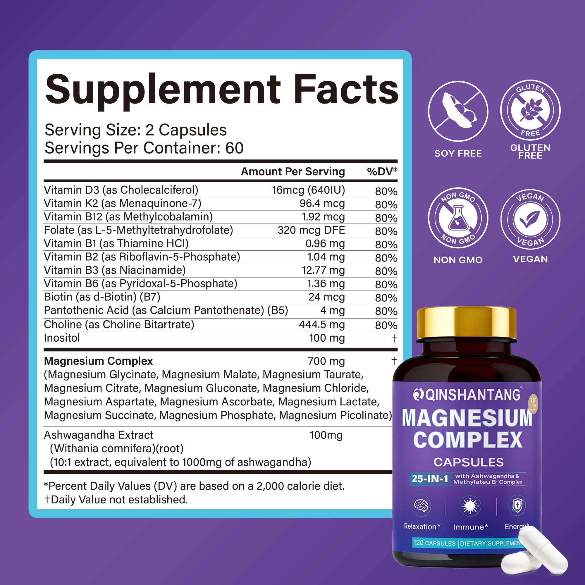 QIN SHAN TANG capsules close‑up highlighting the magnesium blend and vegan formula.