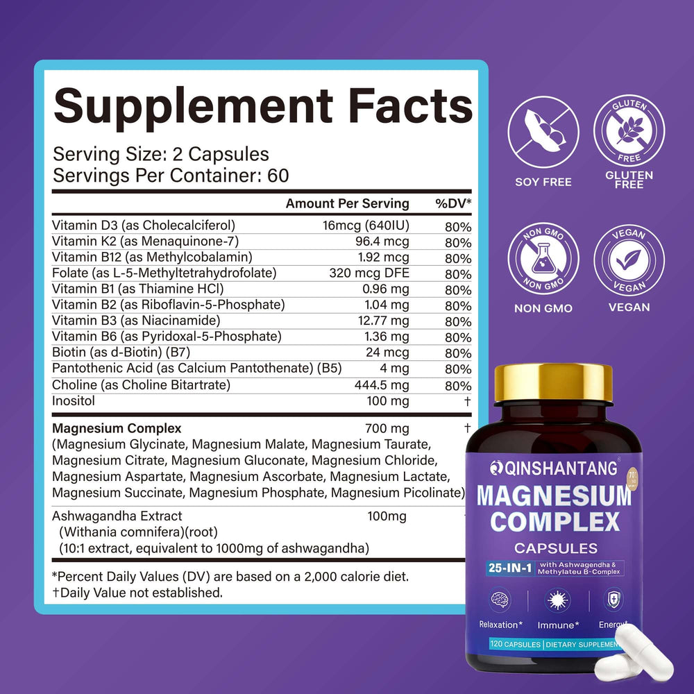 QIN SHAN TANG capsules close‑up highlighting the magnesium blend and vegan formula.