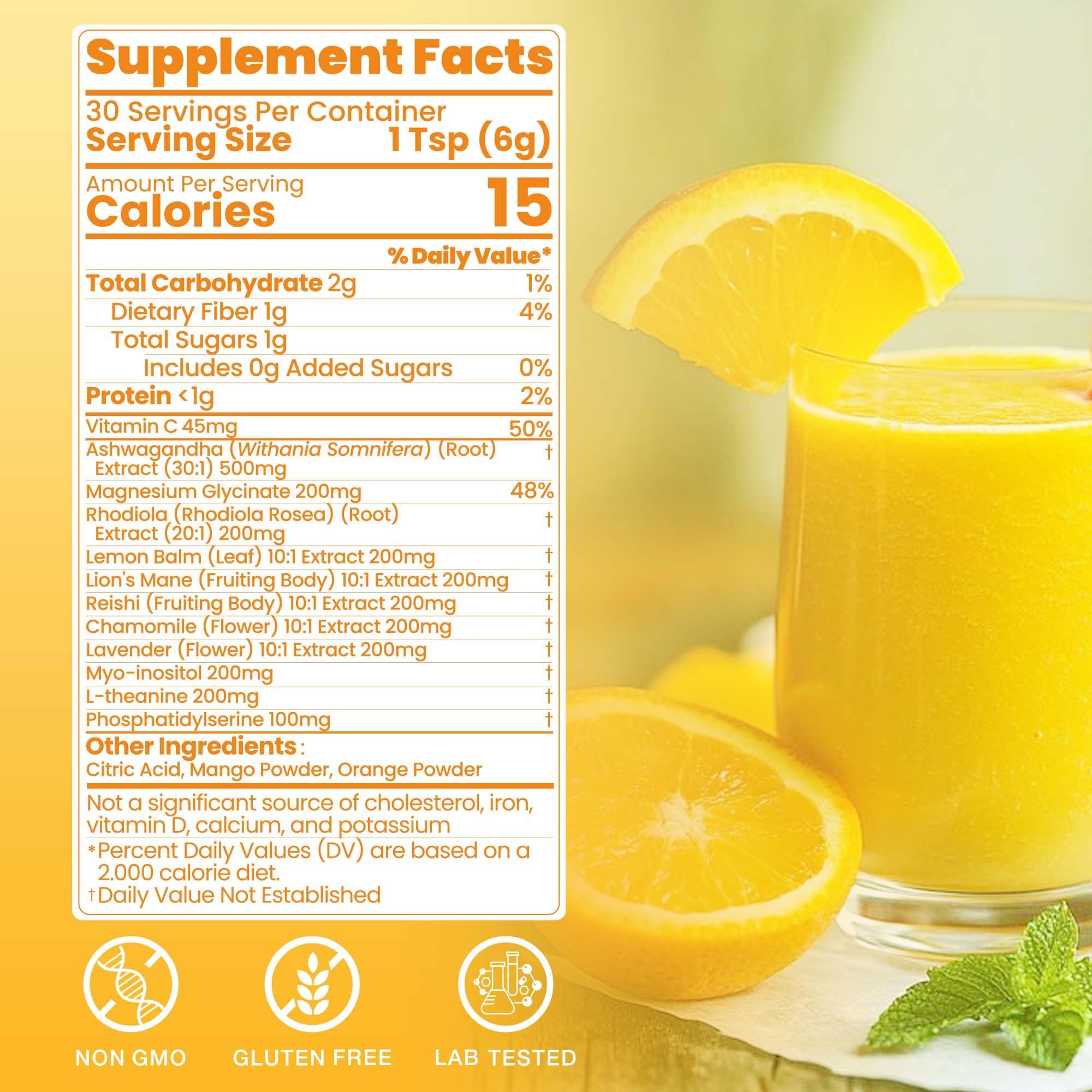 QIN SHAN TANG Cortisol Drink glass with mango-orange beverage promoting focus