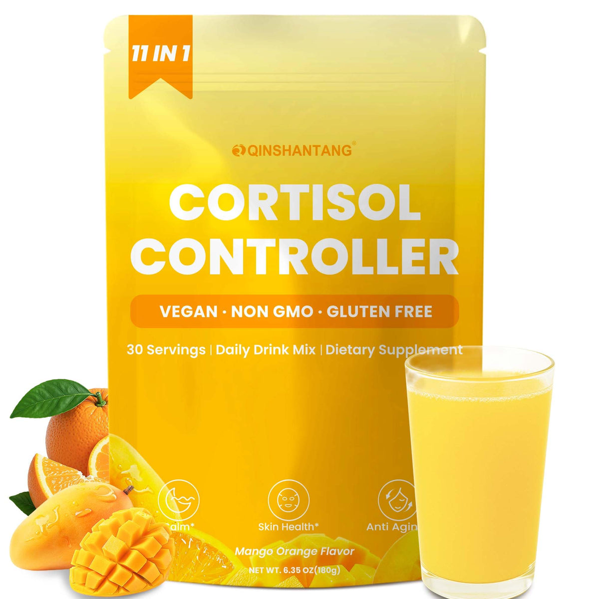 QIN SHAN TANG Cortisol Drink Mango Orange bottle with refreshing, sugar-free daily calm