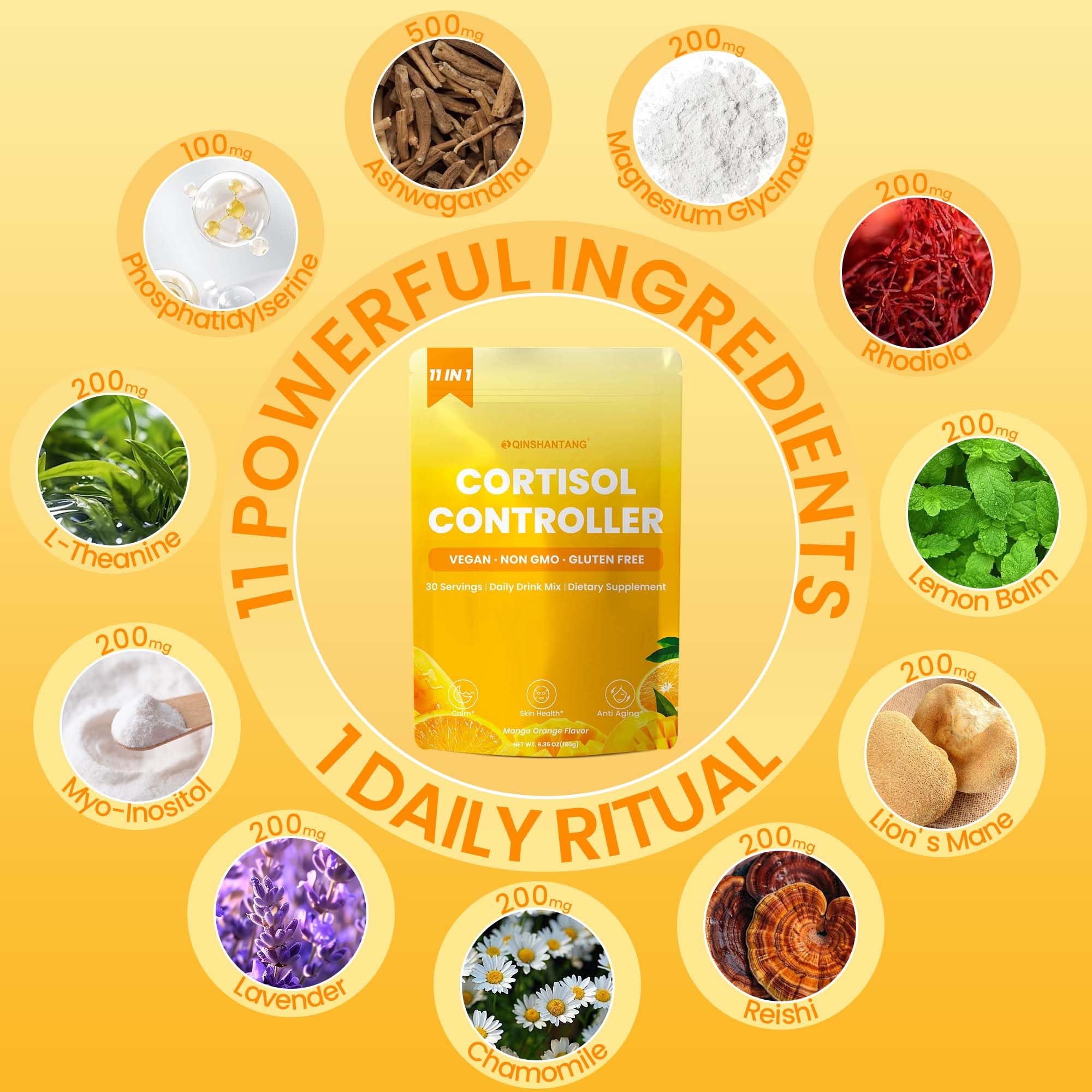 QIN SHAN TANG Cortisol Drink jar showing 11-in-1 calming blend for stress support