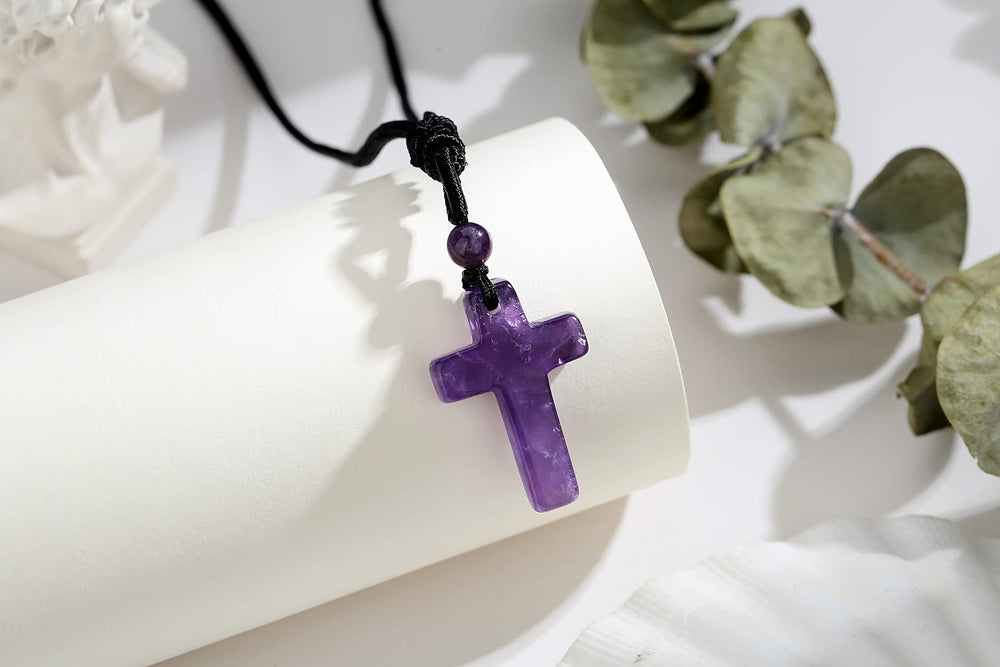 QINJIEJIE amethyst cross necklace with adjustable rope for versatile daily wear