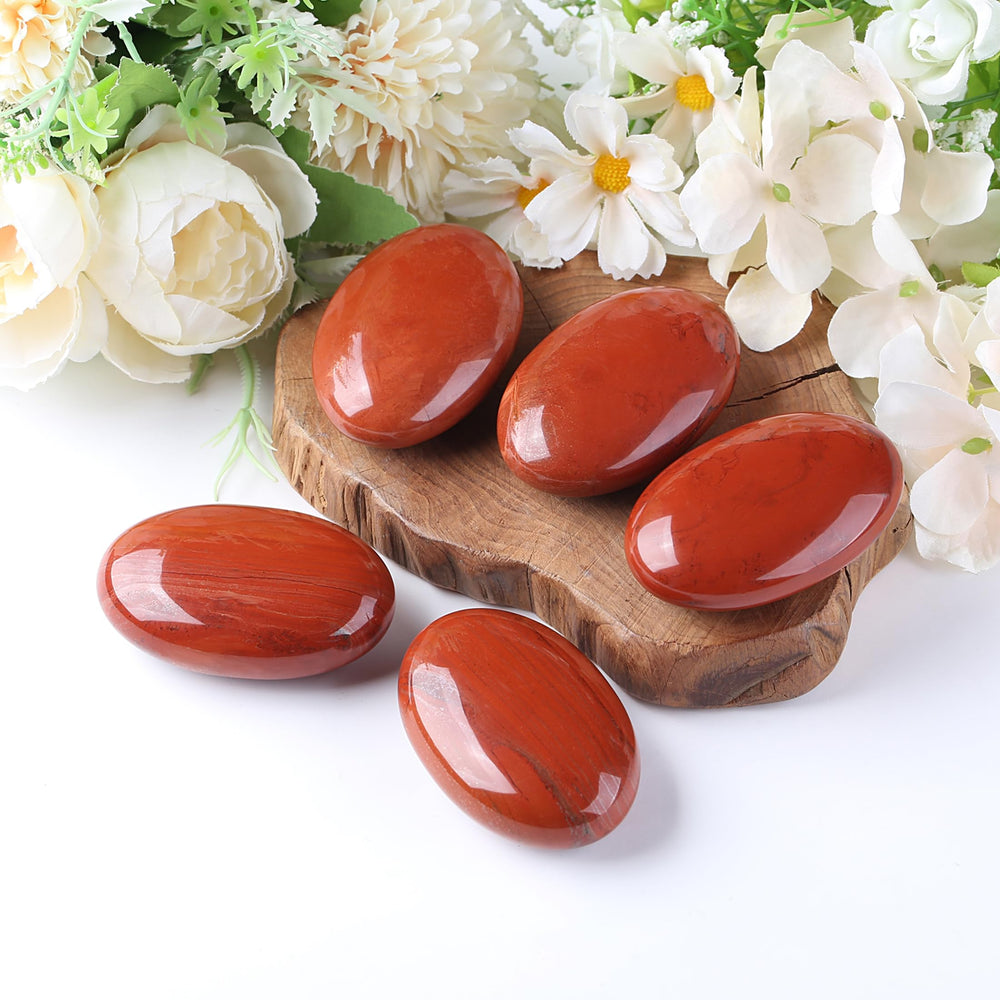 QINJIEJIE Red Jasper palm stone in gift box, ready to gift.